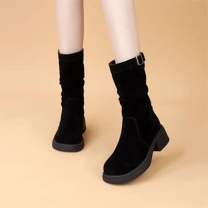 

Fashion Round Toe Platform Ladies Mid Calf Shoes Designer Luxury Footwear Comfortable and Elegant on Offer Chic Women s Half High Boots 35