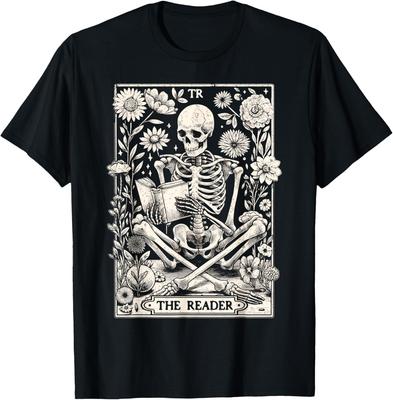 The Reader Skeleton Tarot Card Reading Book Lover Graphic Tee Men Casual Trip Cotton T-Shirt