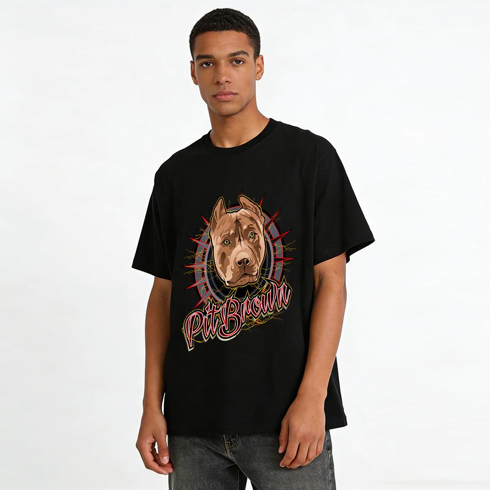 Vintage Style Brown Pitbull Graphic Cool Casual Short Sleeve Tee Pure cotton T-shirt