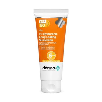 The Derma Co 1% Hyaluronic Long Lasting Sunscreen Spf 50 Pa++++ Com Ácido Hialurônico e Vitamina E Para Proteção de Amplo Espectro - 50 G, Todos os Tipos de Pele