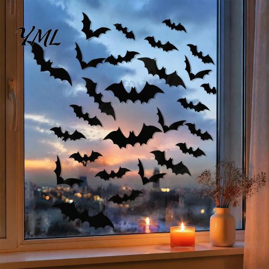 Festive Holiday Wall Accents 3D Bats Decor, Halloween Black Bat Stickers, Waterproof Decorative for Home Scary Plastic DIY Room Decal Indoor