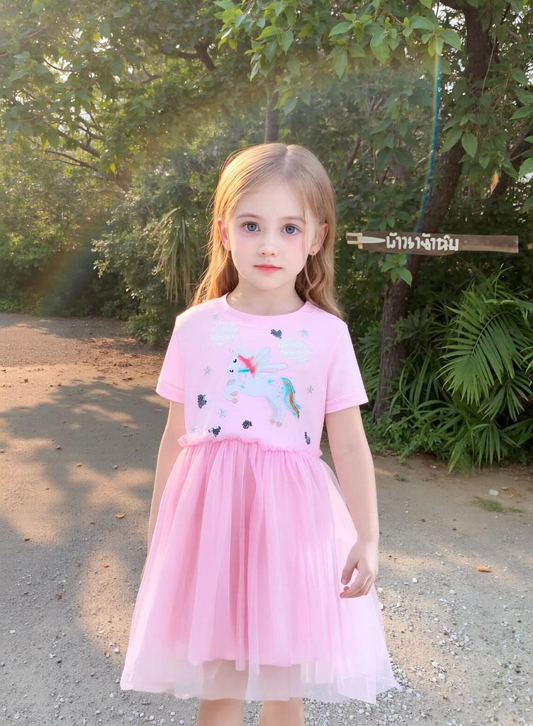 Pink Unicorn Embroidered Tulle Princess Dress for Girls Summer Cute Stylish Kids Dress