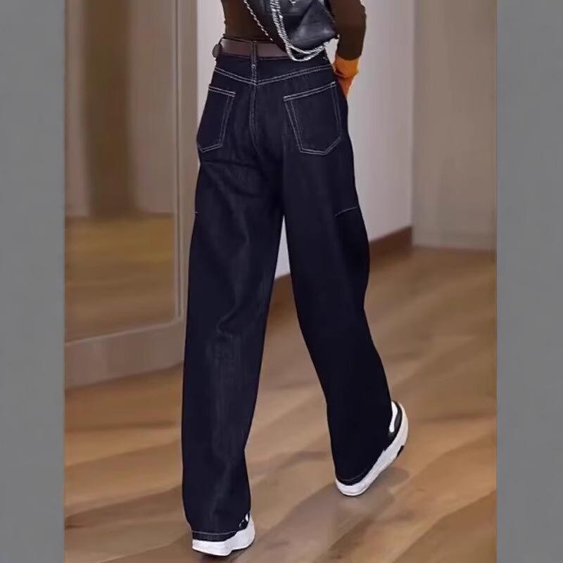 Women's Plus Size Wide-Leg Jeans: Curved Leg, Narrow Fit, Petite Banana Style, Floor-Length Pants for Autumn and Winter.