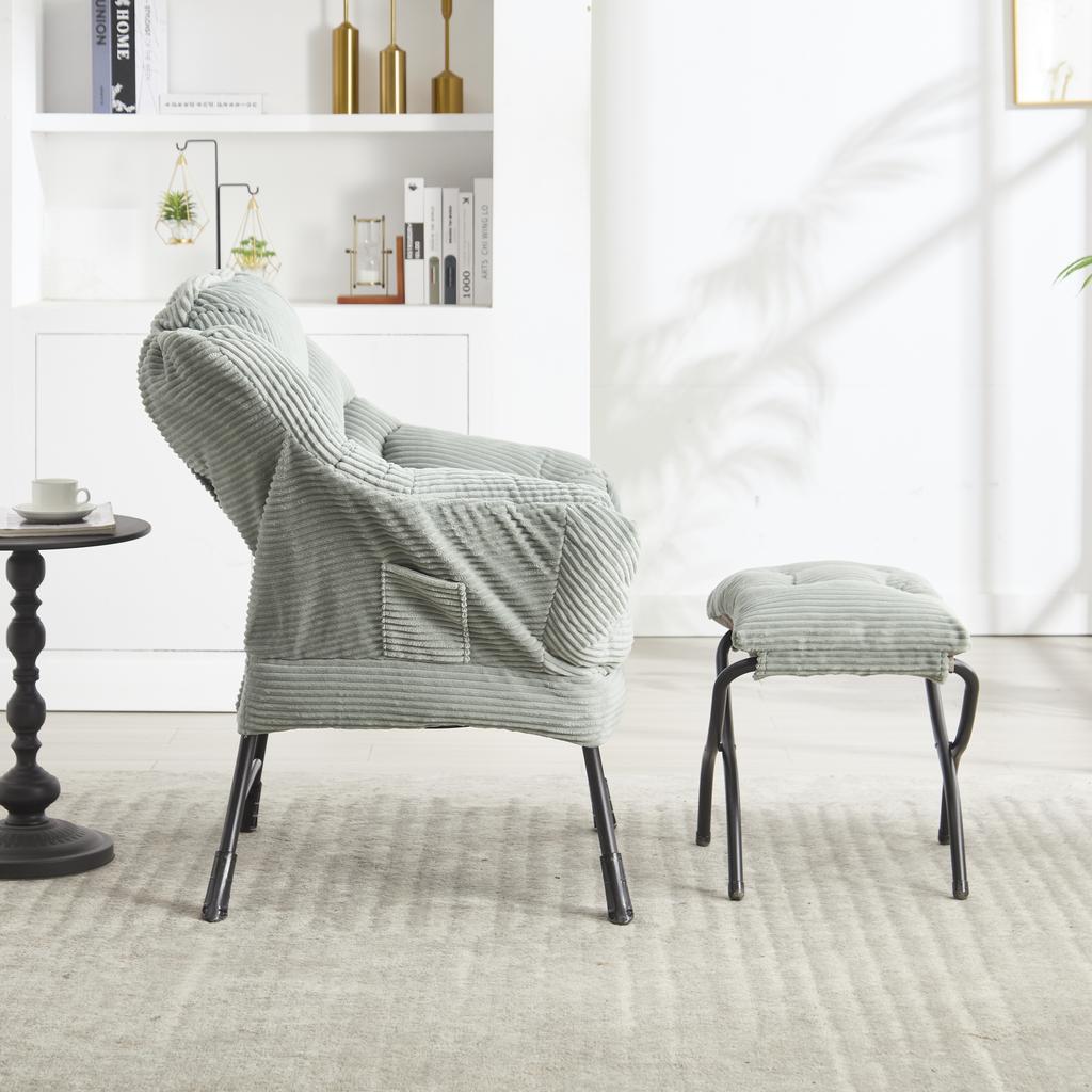 Lazy Chair with Ottoman, Lounge Accent with Armrests and Side Pocket, Upholstered Sofa Reading with Footrest for Small Room, Corner Chair-Light Green