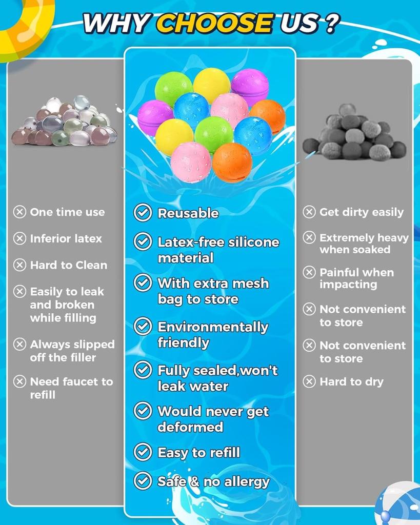 16Pcs Reusable Water Bomb Balloons - Pool Beach Toys for Kids Ages 3-12, Self-Sealing Water Splash Balls for Outdoor Summer Fun