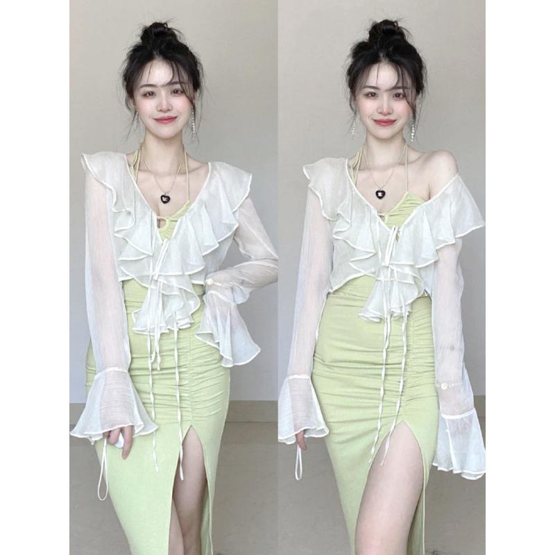 Women's Ruffled Chiffon Sun Protection Set: Summer Dress with Camisole, Shawl, and Breathable Cardigan