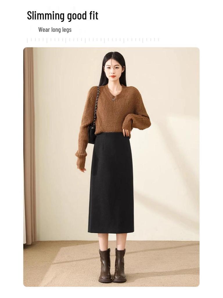 2025 Wool High-Waisted Black Slit Mid-Length Skirt - Autumn/Winter Slimming Style