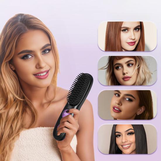 Cordless Hair Straightener Brush with 3 Temperature Settings Portable Mini Hair Comb LED Display USB Rechargeable Fast Heating Electric Hot Brush