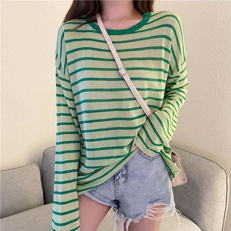 Sun Protection Clothes for Girls New Style Loose Summer Thin Anti-UV Ice Silk Striped Long-sleeved T-shirt Trendy