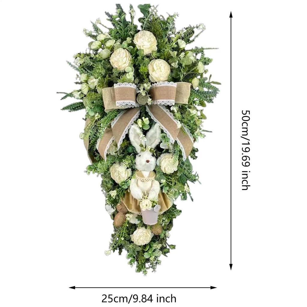 Easter Teardrop Wreath Ornament Easter Rabbit Flower Basket Wreath Artificial Teardrop Bunny Garland For Front Door, Patio