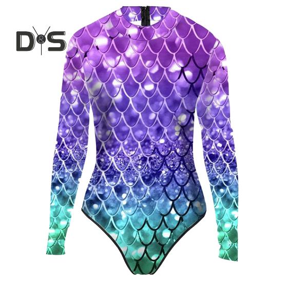 

Женский монокини с длинным рукавом и принтом чешуи рыбы, молния сзади, эластичная ткань, цельный бикини, карнавальный костюм 4XL зелёный/фиолетовый