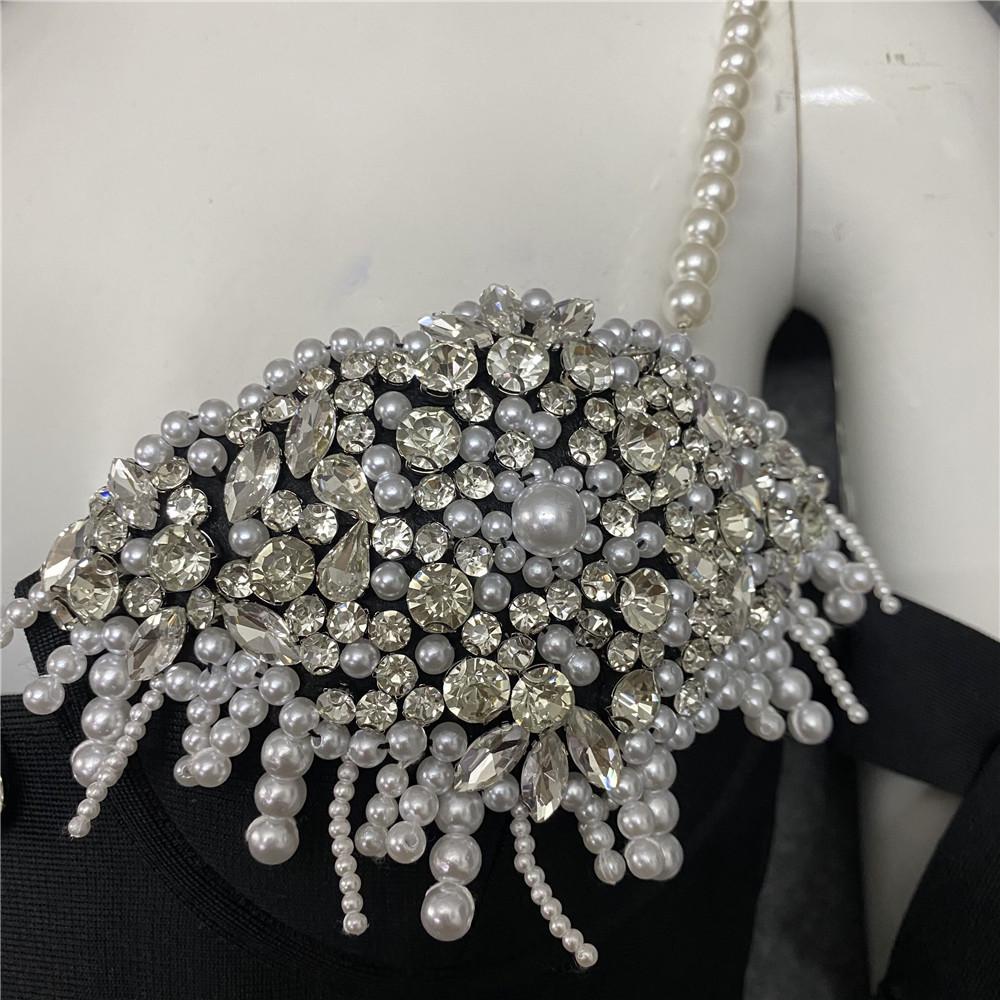 2024 New Elegant Black Beaded Spaghetti Strap Formal Bandage Dress for Women