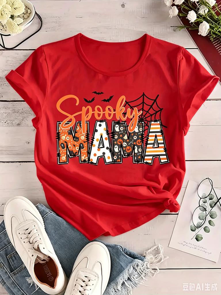 Spooky Mama Halloween Graphic Unisexs Casual Crew Neck Short Sleeve Spider Web Bat Design Perfect For Spring Casual Wear