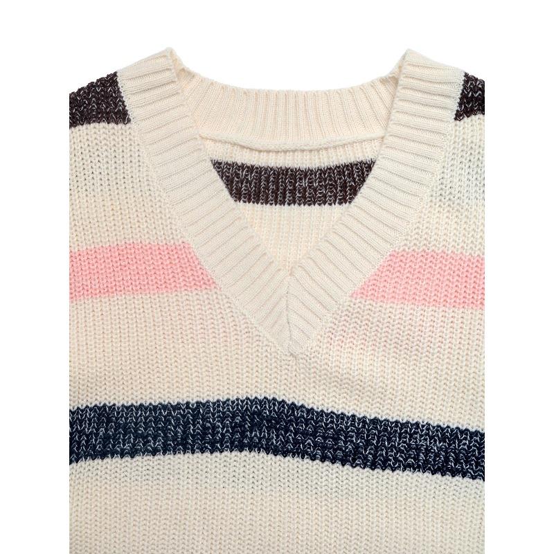 YYFS Women's Fashion Casual Fall Winter Stripe Print Long Sleeve V-Neck Tops Women's Clothing Woolen Knitwear Sweaters