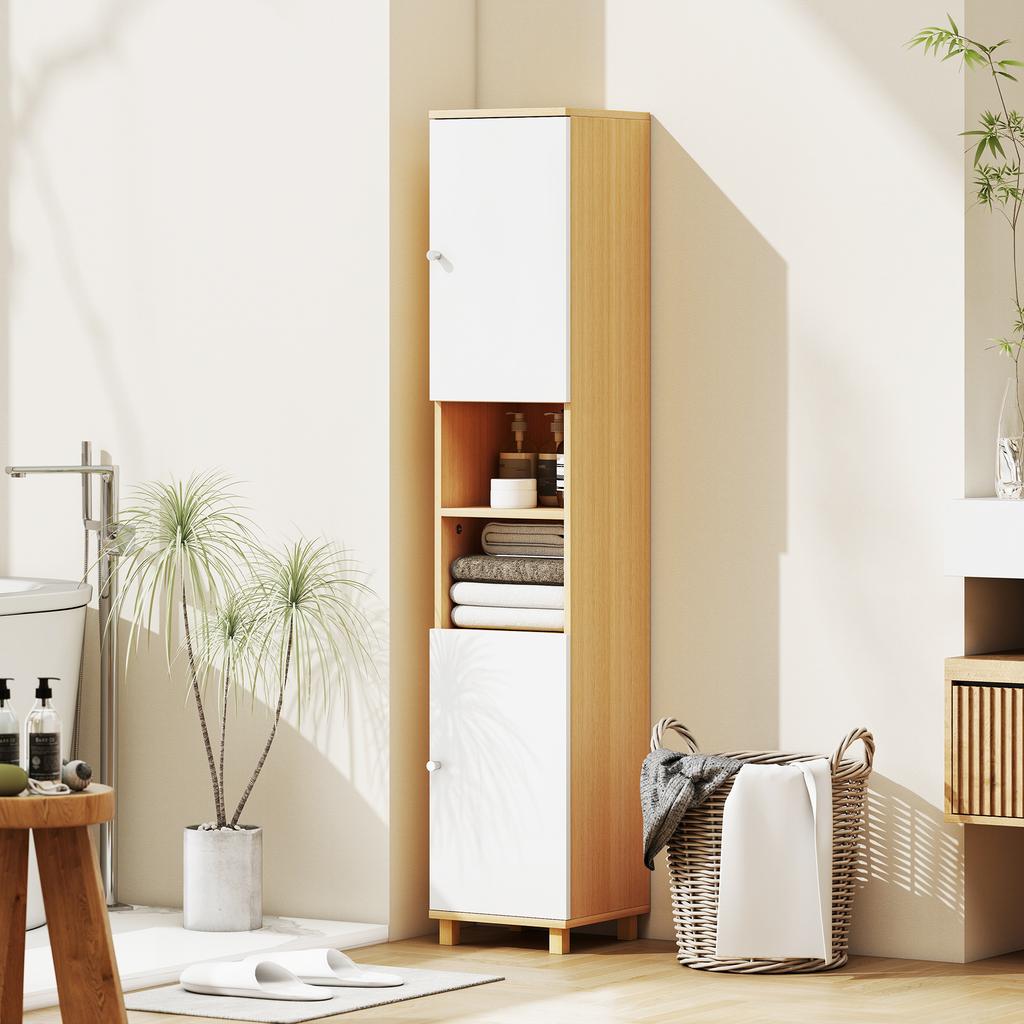 Bathroom Cabinet With 2 Cupboards And Open Shelves Adjustable Internal Shelves 30x30x166 Cm White And Wood
