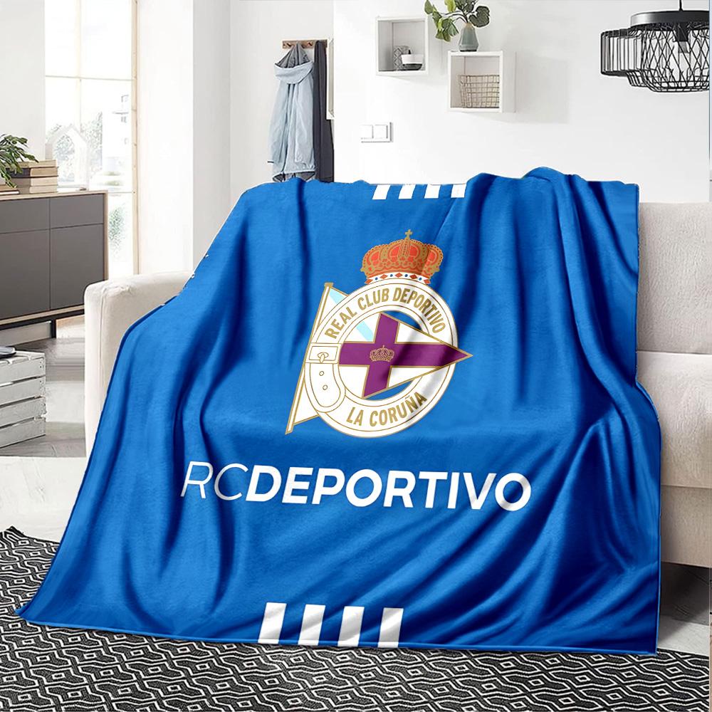 Deportivo A Coruna Crest Flannel Blanket, Soft Polyester, Modern Design, All-Season for Camping, Travel, Gifts for holidays or birthdays