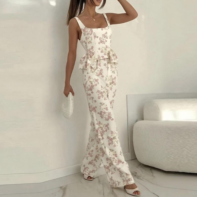 2026 Women's Spring New, Amazon Cross-border Europe and the United States, Fashion Casual Printed Lotus Leaf Sling Set