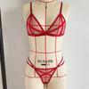 European & American Erotic Lingerie: Women's Sexy Three-Piece Mesh See-Through Lace-Up Bra & Panty Set.