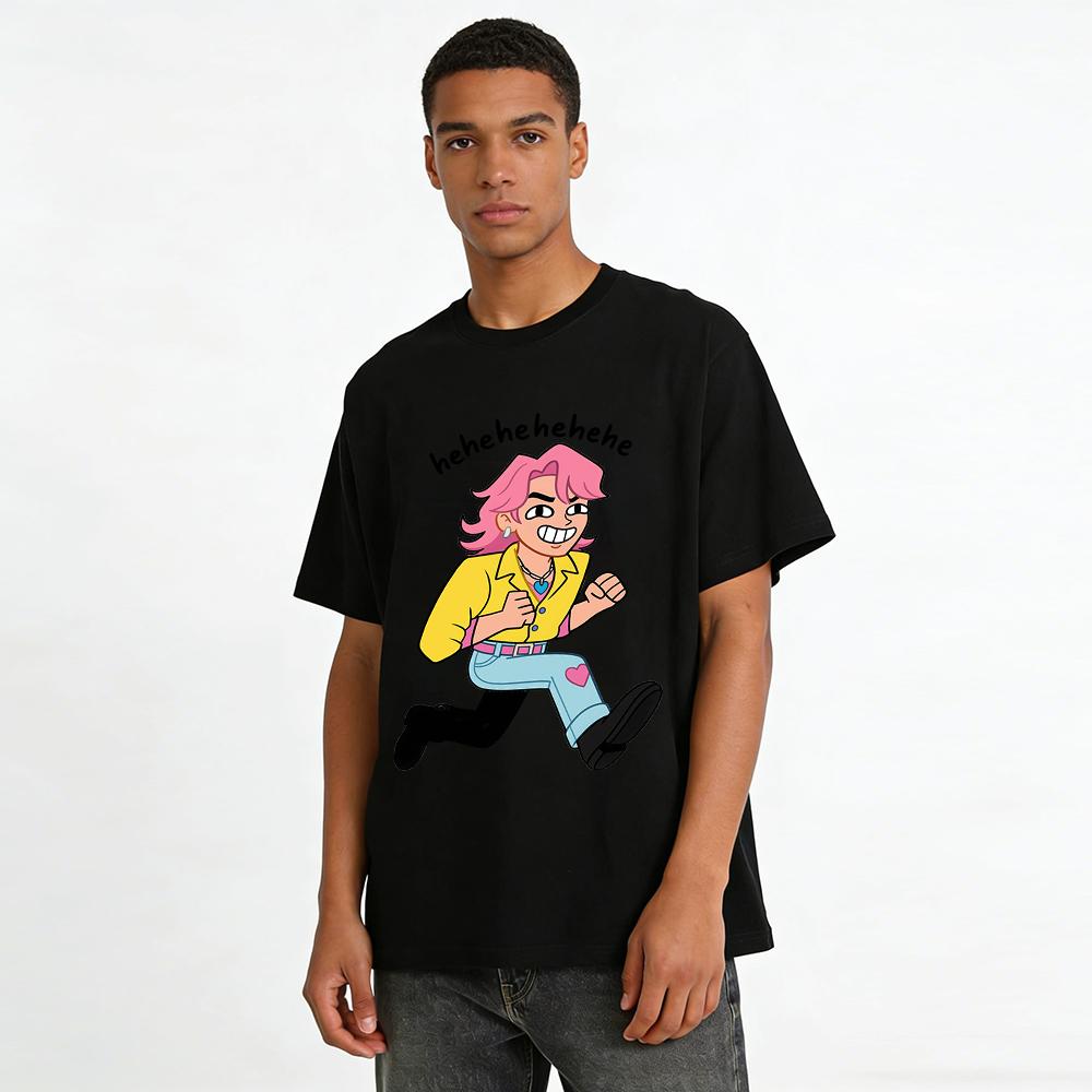 Goofy Pink Hair Laughing Running Character Print Casual T-Shirt Unisex Fun Daily Top Pure cotton T-shirt