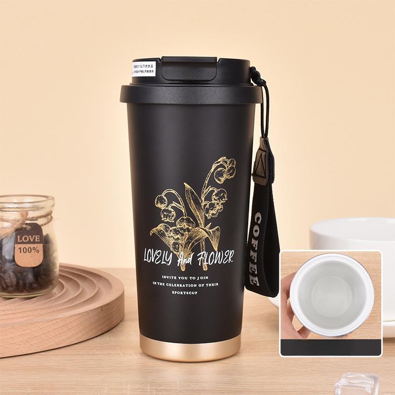 Nová módní nerezová termoska s vysokým vzhledem, dvojitý nápojový šálek na kávu Convallaria s lanem