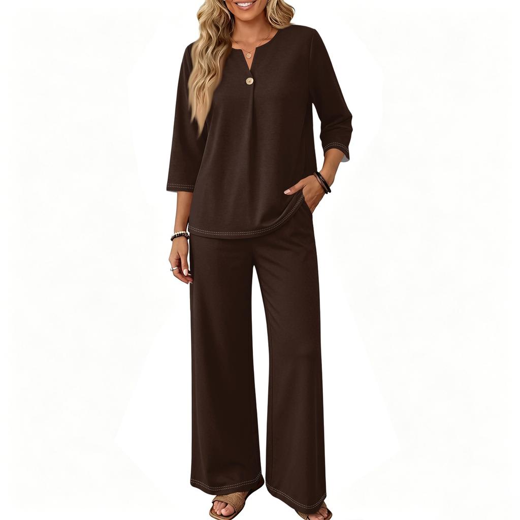 Damen Freizeit Zweiteiler Outfit Set Farbe 3/4 Ärmel Knopfleiste Vorne Oberteil mit Weit Bein Hosen für den Alltag