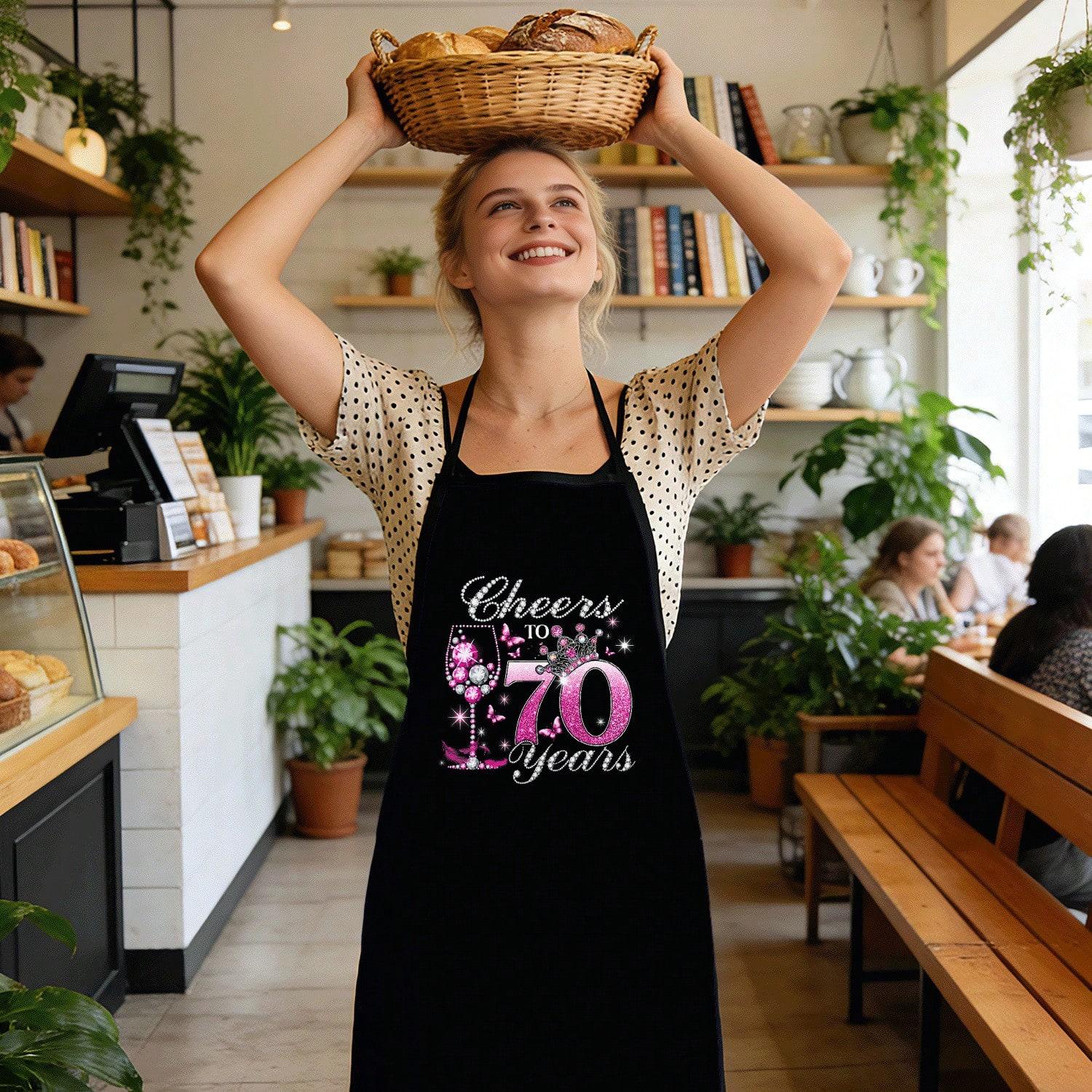 

70th Birthday Apron, Cheers to 70 Years Wine Glass Print Kitchen Bib, Funny Gift for Her, Unique Chef Apron 38X47cm(15X19in)