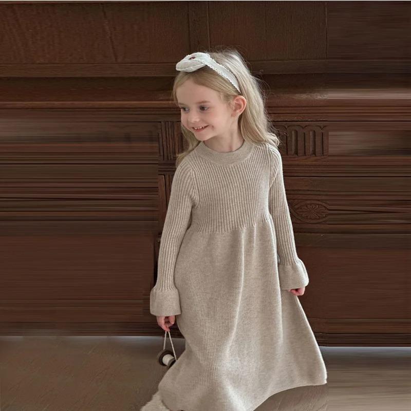 Girls Knitted Dress Autumn Winter Children Gown Princess Solid Color Vestidos Kids Fashion Sweater Dresses Baby Clothes