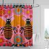 Cartoon Bienen Duschvorhang, Schwarz & Orange Streifen mit Rosa Floralem Hintergrund, Wasserdichte Badezimmerdeko für Kinder & Moderne Wohnungen