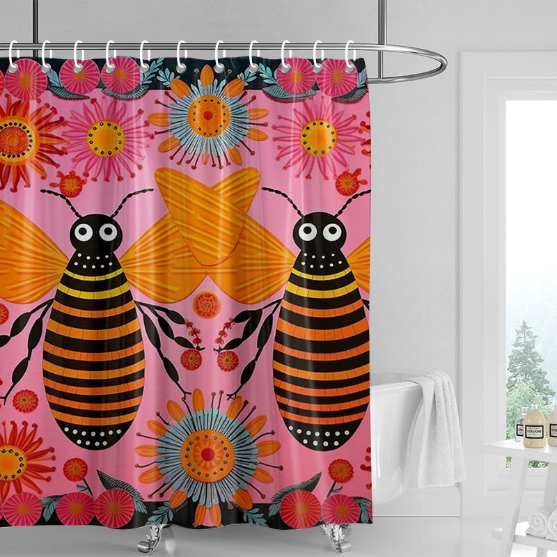 Cartoon Bienen Duschvorhang, Schwarz & Orange Streifen mit Rosa Floralem Hintergrund, Wasserdichte Badezimmerdeko für Kinder & Moderne Wohnungen