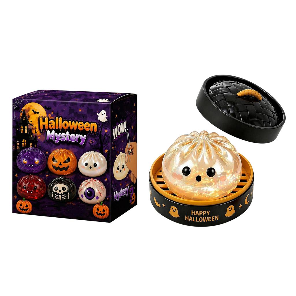 Halloween Brötchenförmiges Spielzeug mit Dampfkorb – Stressspielzeug in Geschenkbox für Kinder und Erwachsene