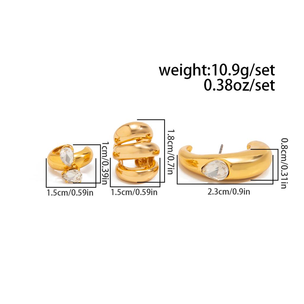 Salircon 3 Pcs/Set Trendy Vintage Gold Color C-shaped Clip Earrings Women's Unique Creative Rhinestone Piercing Earrings Jewelry