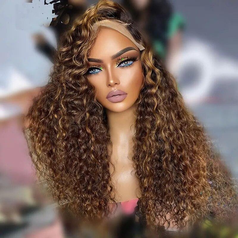 Loose Curly Synthetic Lace Front Wig 180% Density  Gold Mix Dark Brown Heat Resistant Fiber Pre Plucked For Women