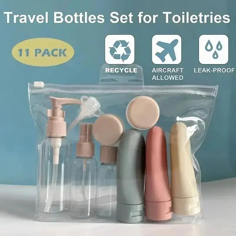 11pcs Travel Essentials Set Dispensing Bottles Pouch Lotion Organizer Storage Spray Plastic Mini Bag Squeeze Makeup Empty Liquid