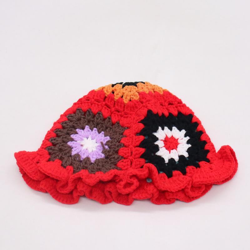 Ins Hyunya Style Hand-Woven Colored Flower Pot Hat Retro Breathable Bag Head Bucket Hat Knitted Hat