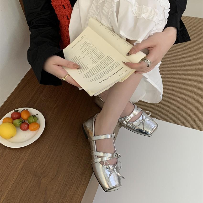 ~ Beautiful cross-buckle ballet shoes women's French bow Mary Jane shoes matte light mouth square head single shoes