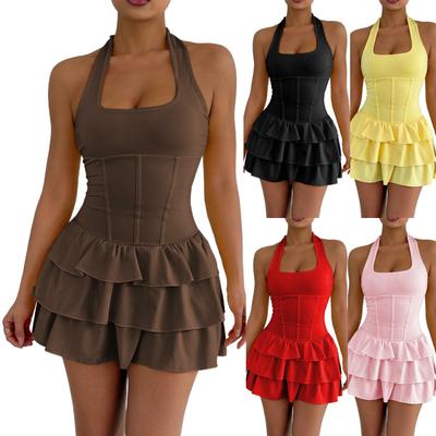 Damenmode Farbe Sexy Enges Kleid Rüsche Kurz Partykleid Trägerkleid