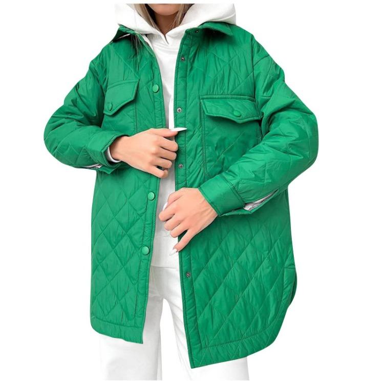 Thickened Warm Cotton Coat Women Long Loose Button Down Lapel Diamond Pattern All Season