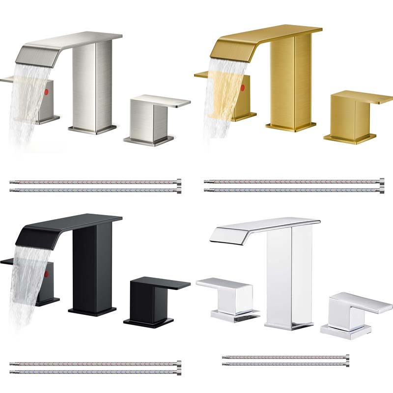 Bathroom Waterfall 3 Holes Basin Faucet, 2 Handles Cold Hot Water Mixers Sink Taps Black Chrome Brushed Gold