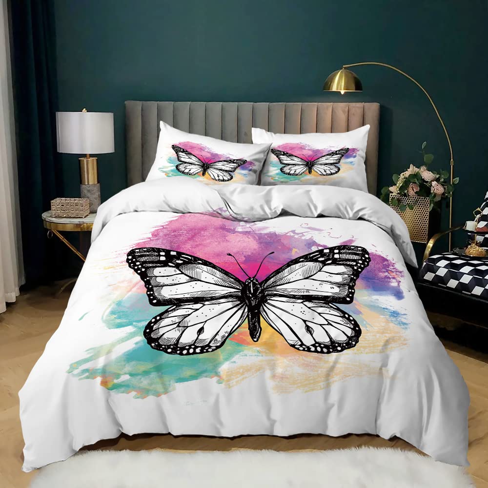 Bettbezug-Set mit Schmetterlingen, Kingsize, blau-lila Schmetterlinge, bedruckt, Bettbezug-Set für Mädchen und Kinder, Bettbezug und Kissenbezüge