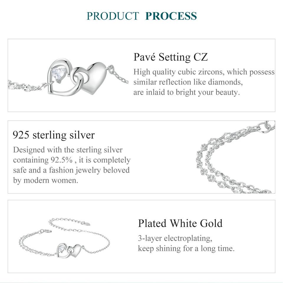 Bamoer 925 Sterling Silver Jewelry Forever Love Heart Double Chain Bracelet Friendship Adjustable Charm Bracelet Gift for Women