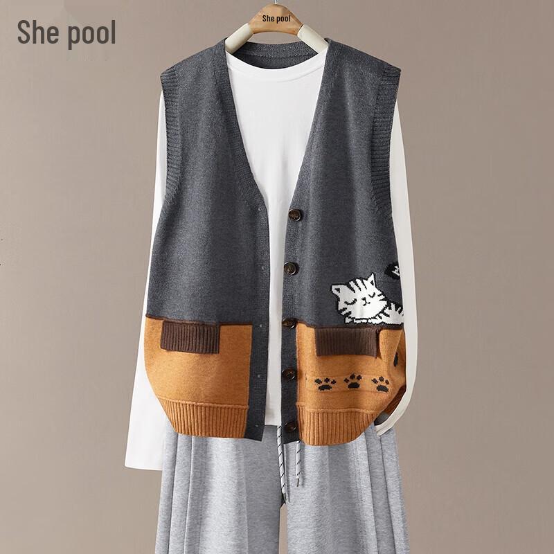 

Женский вязаный жилет с V-образным вырезом и цветными блоками One Size