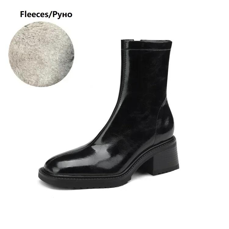 Fashion NEW Autumn/Winter Women Boots Split Leather Shoes for Women Square Toe Chunky Heel Shoes Zip Modern Boots Wool Warm Daily Shoes