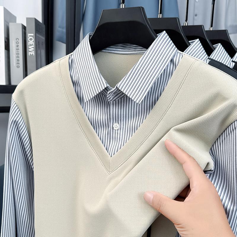 

Men s Lapel Fake Two Piece Long Sleeve T-Shirt High Quality Contrast Color Stripe Fashion Business Menswear M