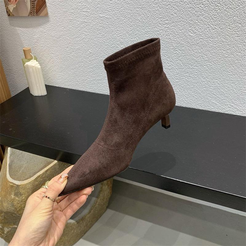 Women's Slim Heel Cotton Boots Winter New Pointed Suede Sleeve Anti-slip Wear-resistant Short Boots
