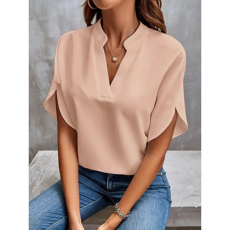 

Women s clothing, fashionable summer casual solid color V-neck loose shirt top women XXL рожевий