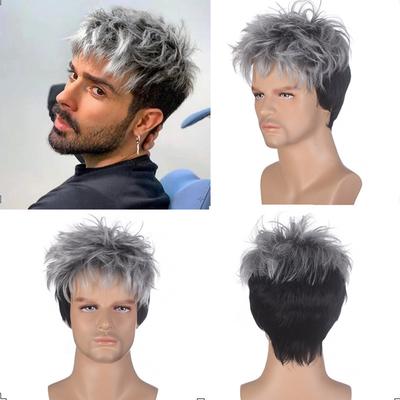 Perucă Scurtă Sintetică Blondă Ombre Peruci Ondulate pentru Bărbați Păr Natural Ondulat Perucă Masculină cu Breton Zilnic Cosplay Costum Halloween pentru Bărbați