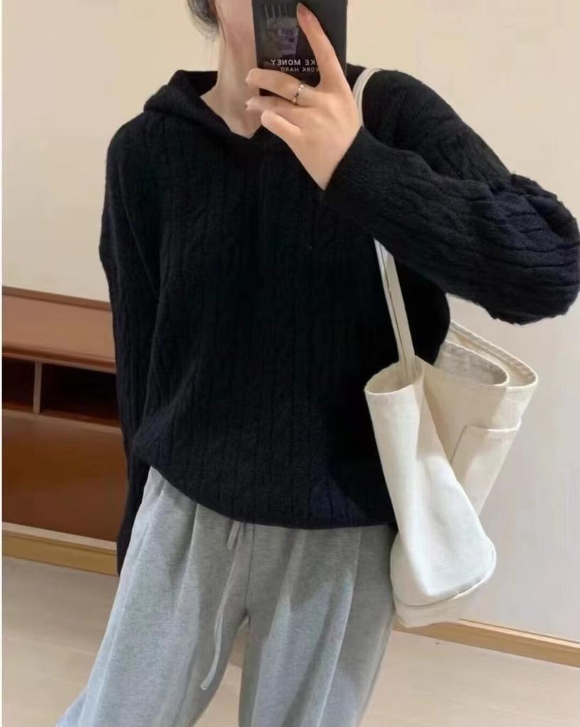 Twist Hooded Sweater Pullover Women's Autumn and Winter New Retro Loose Lazy Soft Waxy Knitted Sweater Top