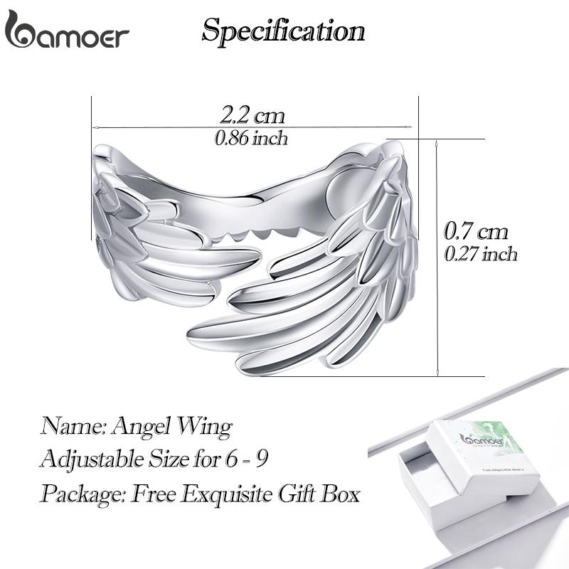 Bamoer 925 Silver Guardian Wings Open Ring Angel Wing Adjustable Finger Ring for Women Fashion Statement Jewelry SCR512