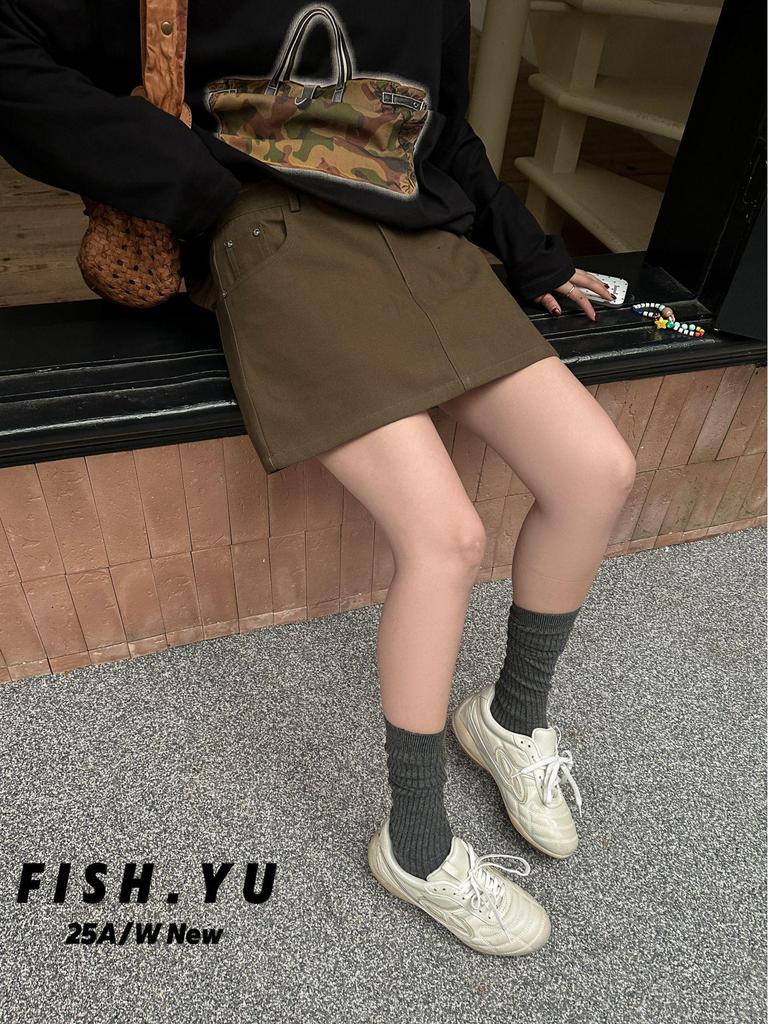 FISHYU Fall Collection Women's Casual Twill Midi Skirt with Back Pocket 25578