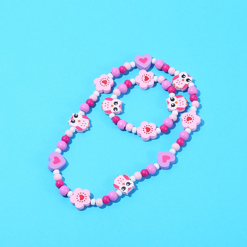 2pcs/Set Fashion Natural Wood Beads Jewelry Cute Animal Pattern Necklace Bracelet For Children Party Jewelry Girl Birthday Gift